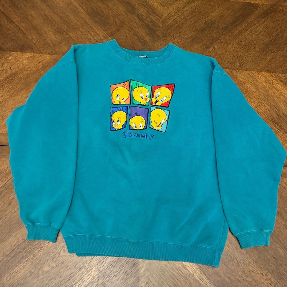 Vintage Warner Bros Studio Store Tweety Bird Sweatshirt Teal Blue Medium 90s